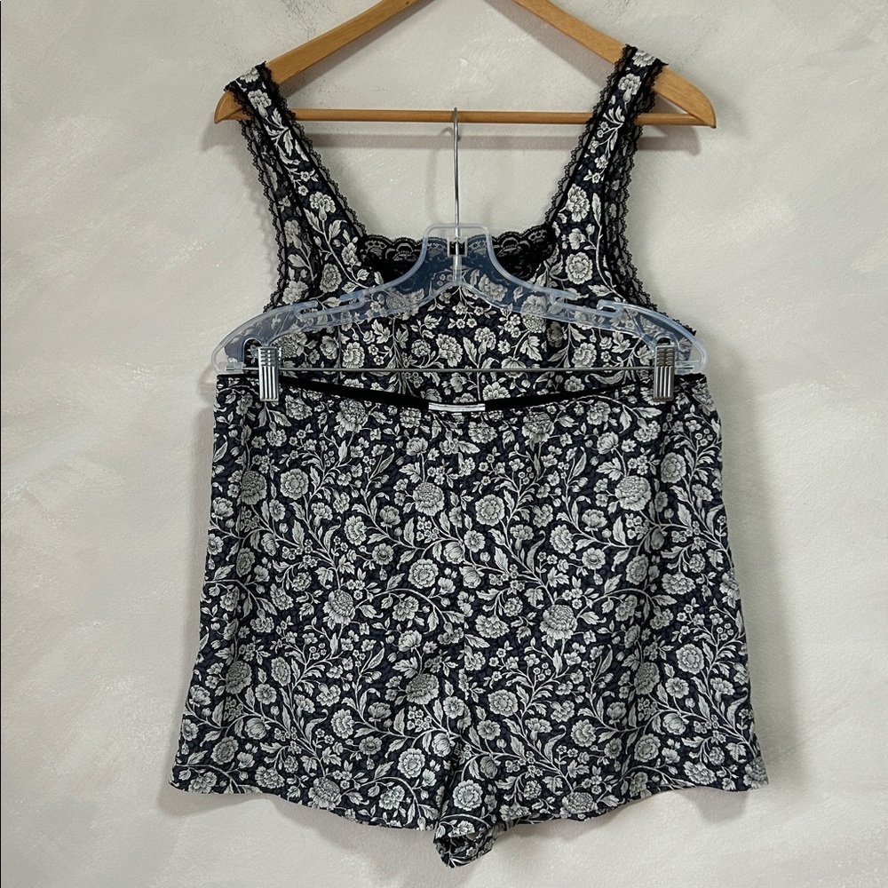 Vintage French Maid floral camisole shorts pajama set black lace trim